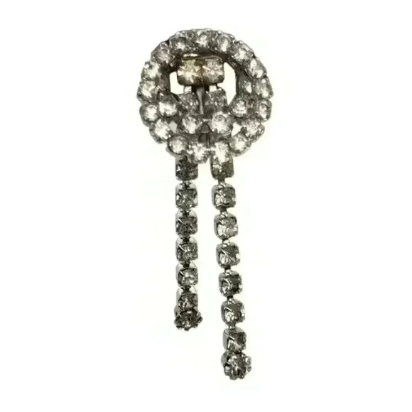 Vintage Rhinestone Earrings Clip Double Circle Long Dangle Bride Barbie Art Deco - Picture 7 of 13